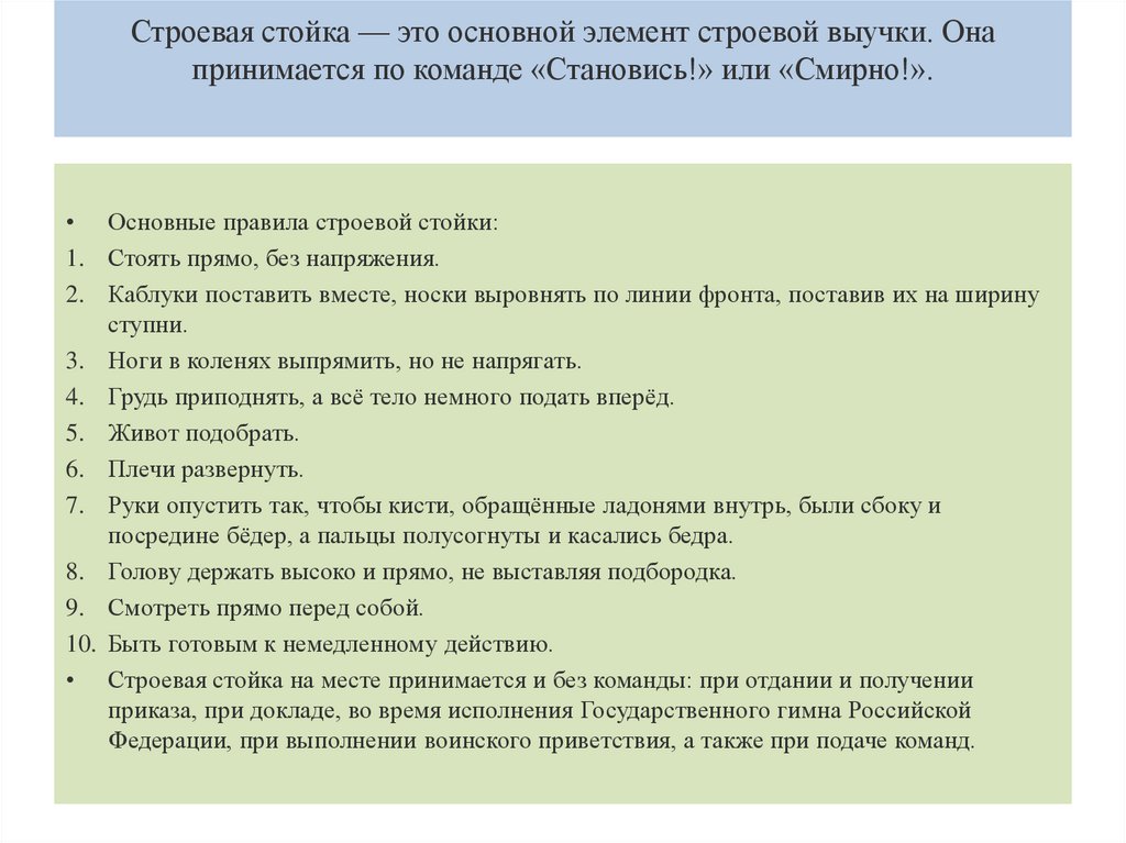 Строевая стойка — это основной элемент строевой выучки. Она принимается по команде «Становись!» или «Смирно!».