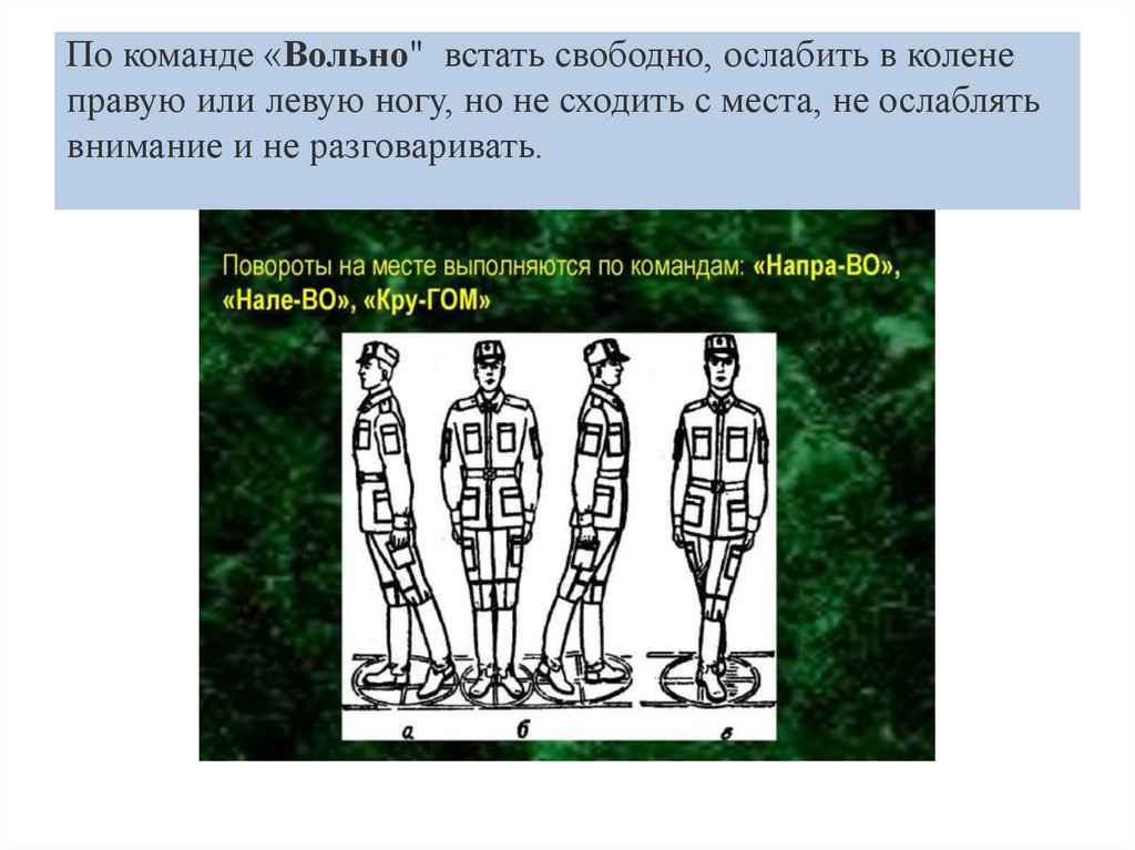 По команде «Вольно" встать свободно, ослабить в колене правую или левую ногу, но не сходить с места, не ослаблять внимание и не