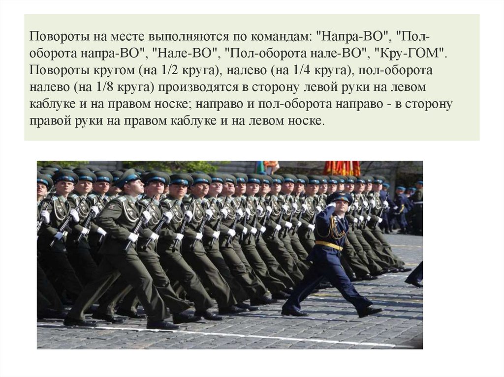 Повороты на месте выполняются по командам: "Напра-ВО", "Пол-оборота напра-ВО", "Нале-ВО", "Пол-оборота нале-ВО", "Кру-ГОМ".