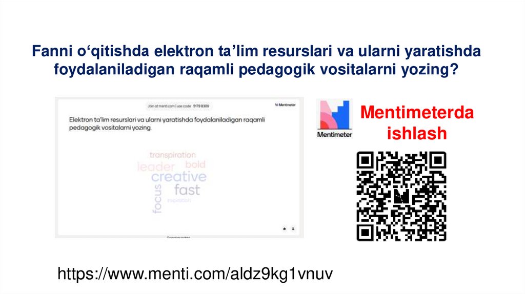 Fanni o‘qitishda elektron ta’lim resurslari va ularni yaratishda foydalaniladigan raqamli pedagogik vositalarni yozing?