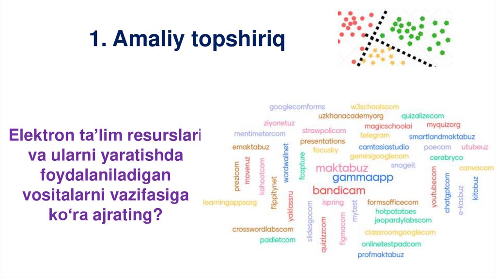Elektron ta’lim resurslari va ularni yaratishda foydalaniladigan vositalarni vazifasiga ko‘ra ajrating?