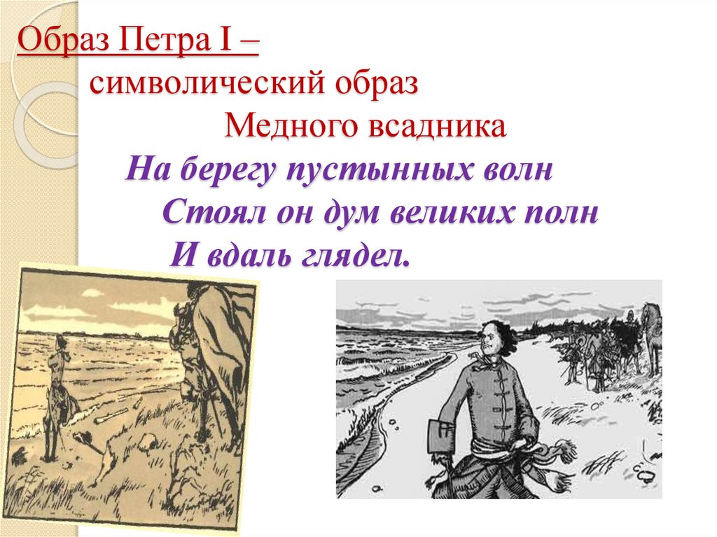 Образ Петра I – символический образ Медного всадника На берегу пустынных волн Стоял он дум великих полн И вдаль глядел.
