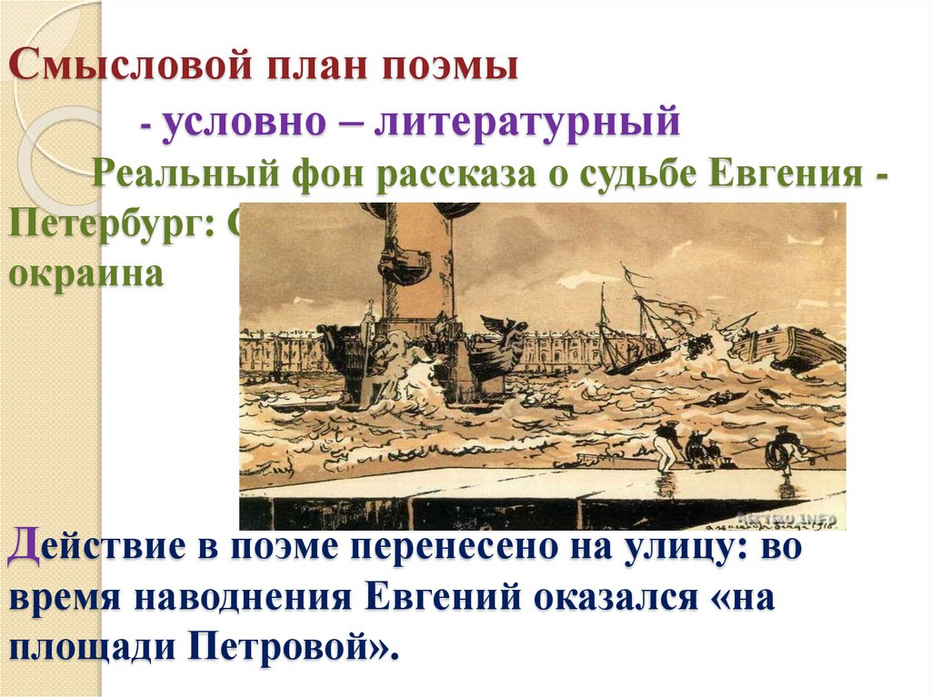 Смысловой план поэмы - условно – литературный Реальный фон рассказа о судьбе Евгения - Петербург: Сенатская площадь, улицы и
