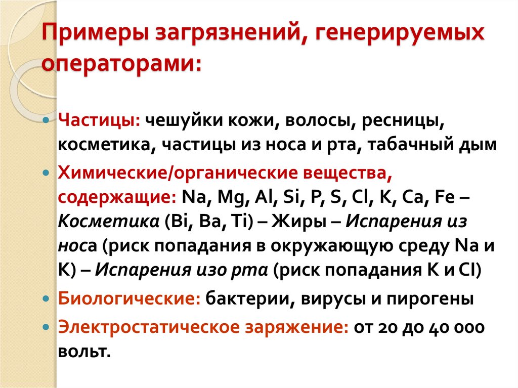 Примеры загрязнений, генерируемых операторами: