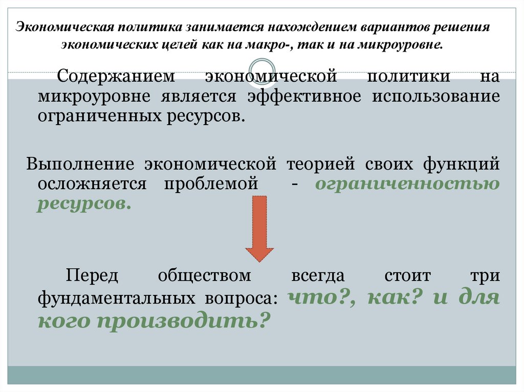 Экономическая политика занимается нахождением вариантов решения экономических целей как на макро-, так и на микроуровне.