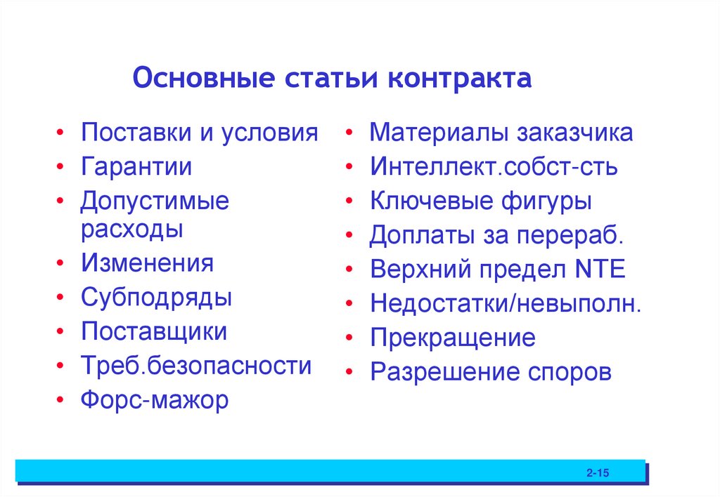 Основные статьи контракта