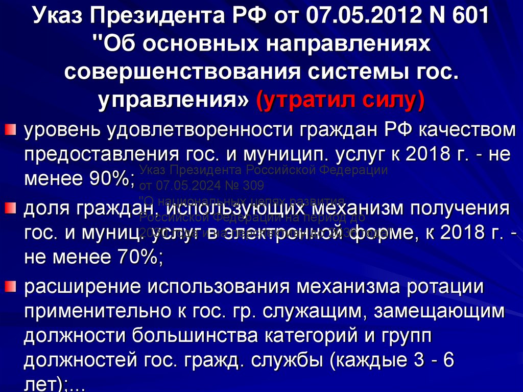Указ Президента РФ от 07.05.2012 N 601 "Об основных направлениях совершенствования системы гос. управления» (утратил силу)