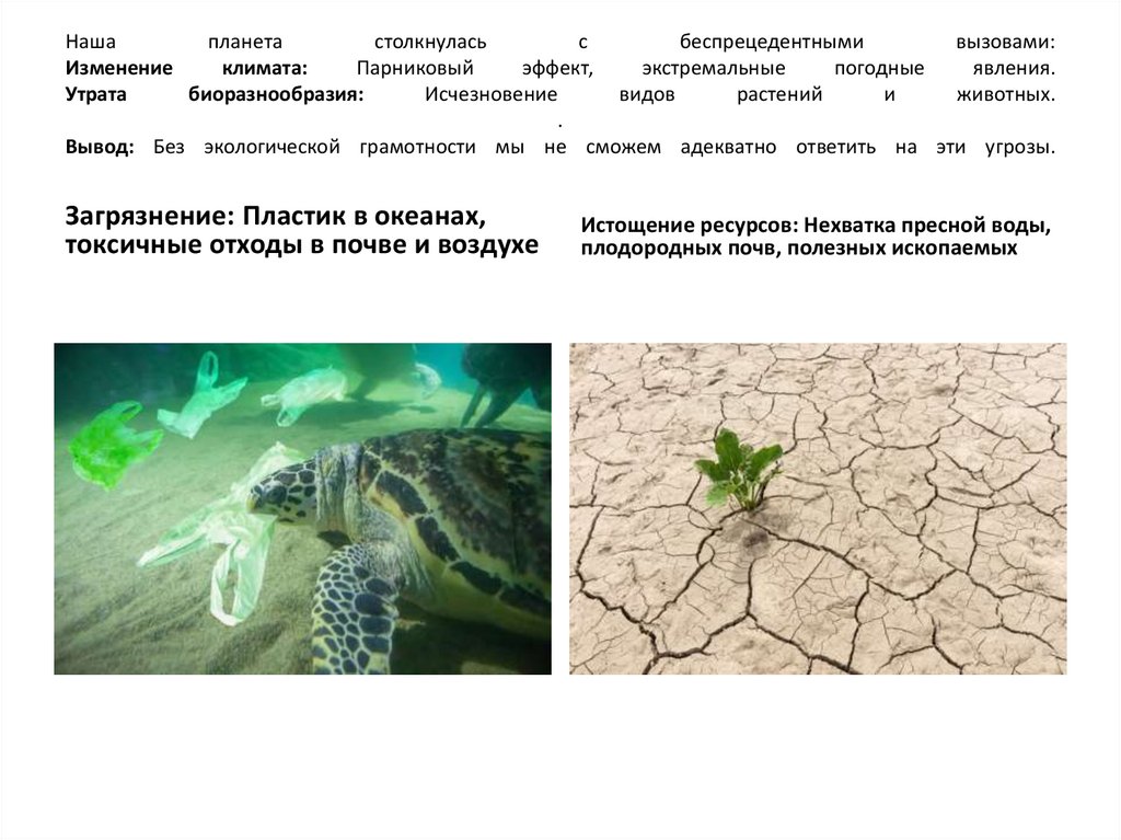 Наша планета столкнулась с беспрецедентными вызовами: Изменение климата: Парниковый эффект, экстремальные погодные явления.