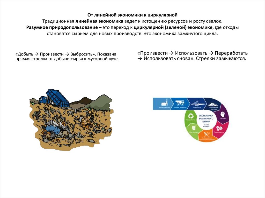 От линейной экономики к циркулярной Традиционная линейная экономика ведет к истощению ресурсов и росту свалок. Разумное