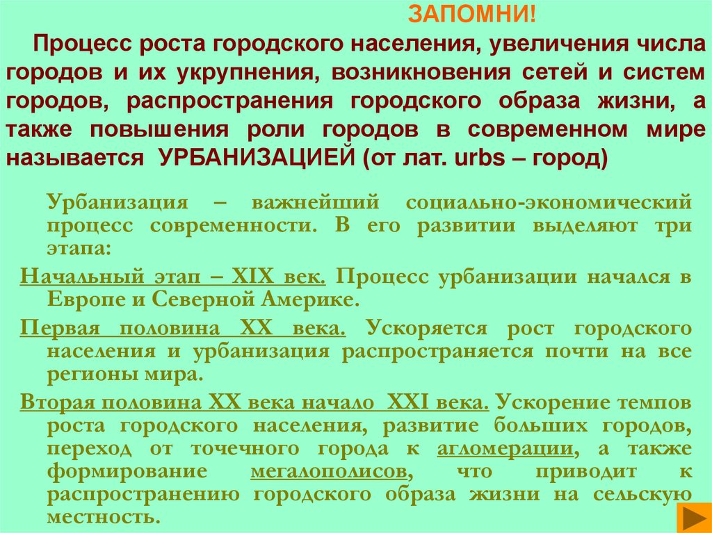 ЗАПОМНИ! Процесс роста городского населения, увеличения числа городов и их укрупнения, возникновения сетей и систем городов,