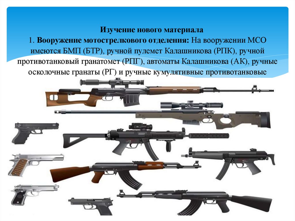 Изучение нового материала 1. Вооружение мотострелкового отделения: На вооружении МСО имеются БМП (БТР), ручной пулемет