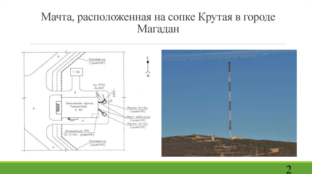 Мачта, расположенная на сопке Крутая в городе Магадан
