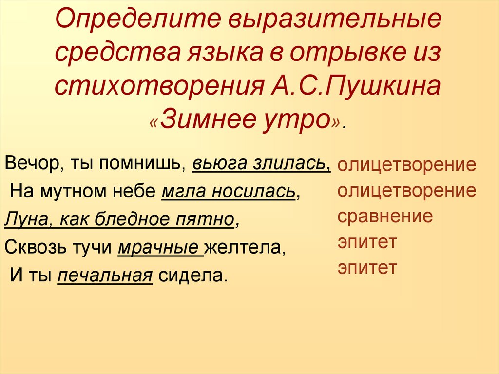 Определите выразительные средства языка в отрывке из стихотворения А.С.Пушкина «Зимнее утро».