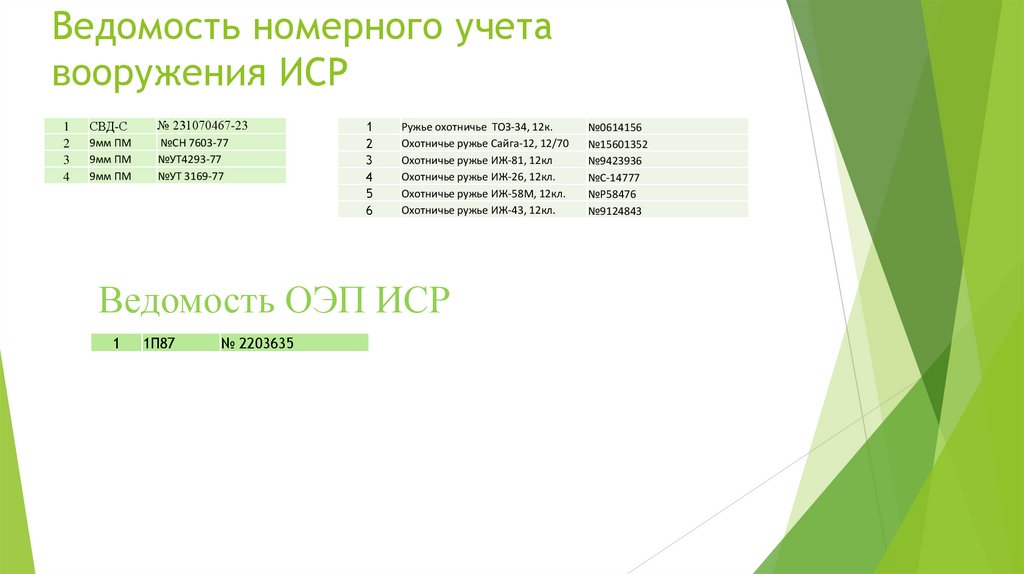 Ведомость номерного учета вооружения ИСР