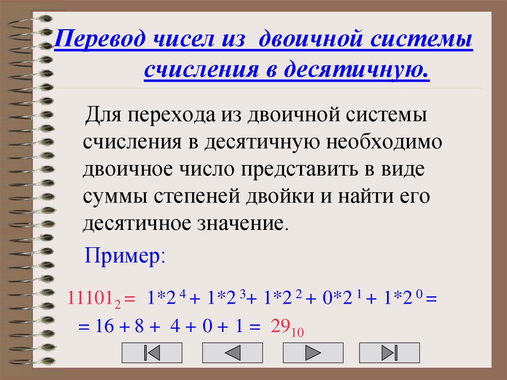 Перевод чисел из двоичной системы счисления в десятичную.