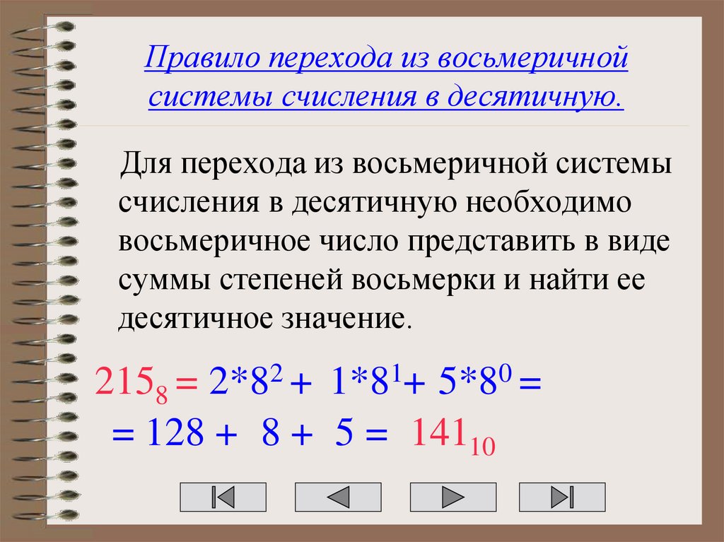 Правило перехода из восьмеричной системы счисления в десятичную.