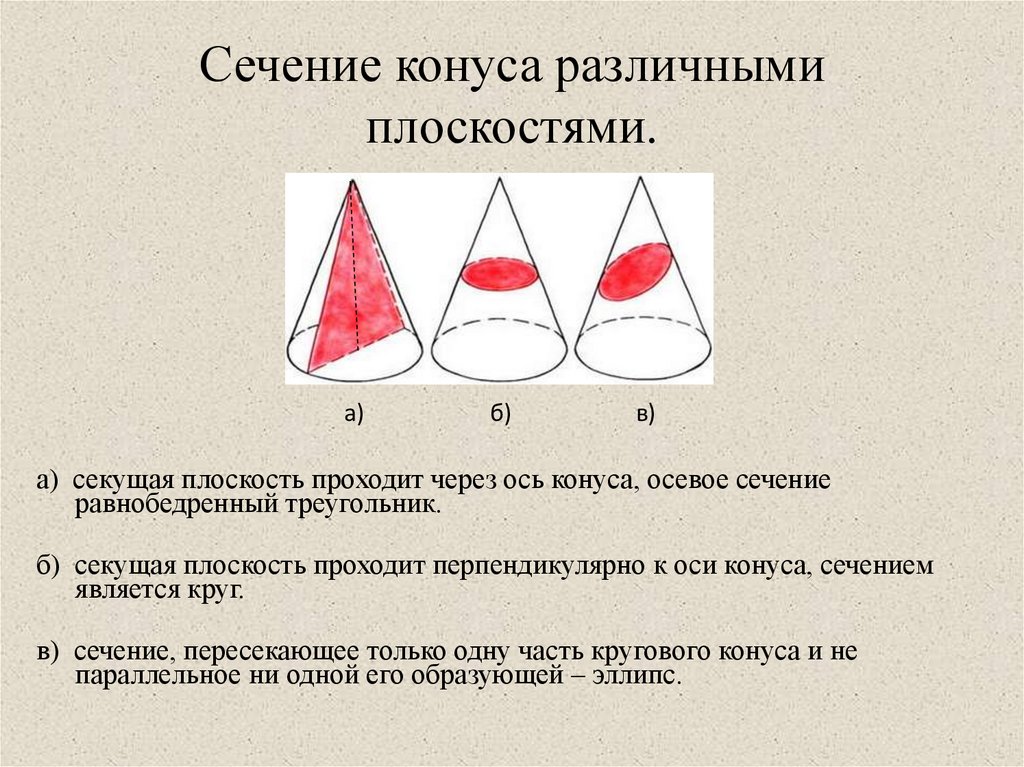 Сечение конуса различными плоскостями.