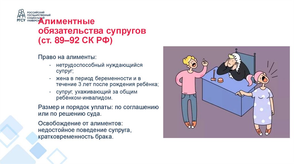 Алиментные обязательства супругов (ст. 89–92 СК РФ)