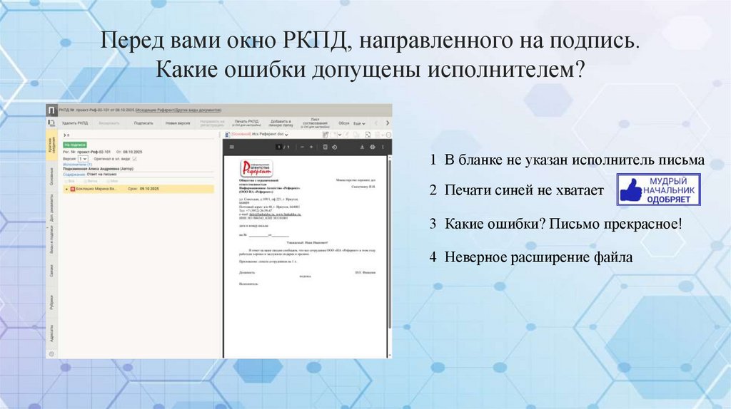 Перед вами окно РКПД, направленного на подпись. Какие ошибки допущены исполнителем?