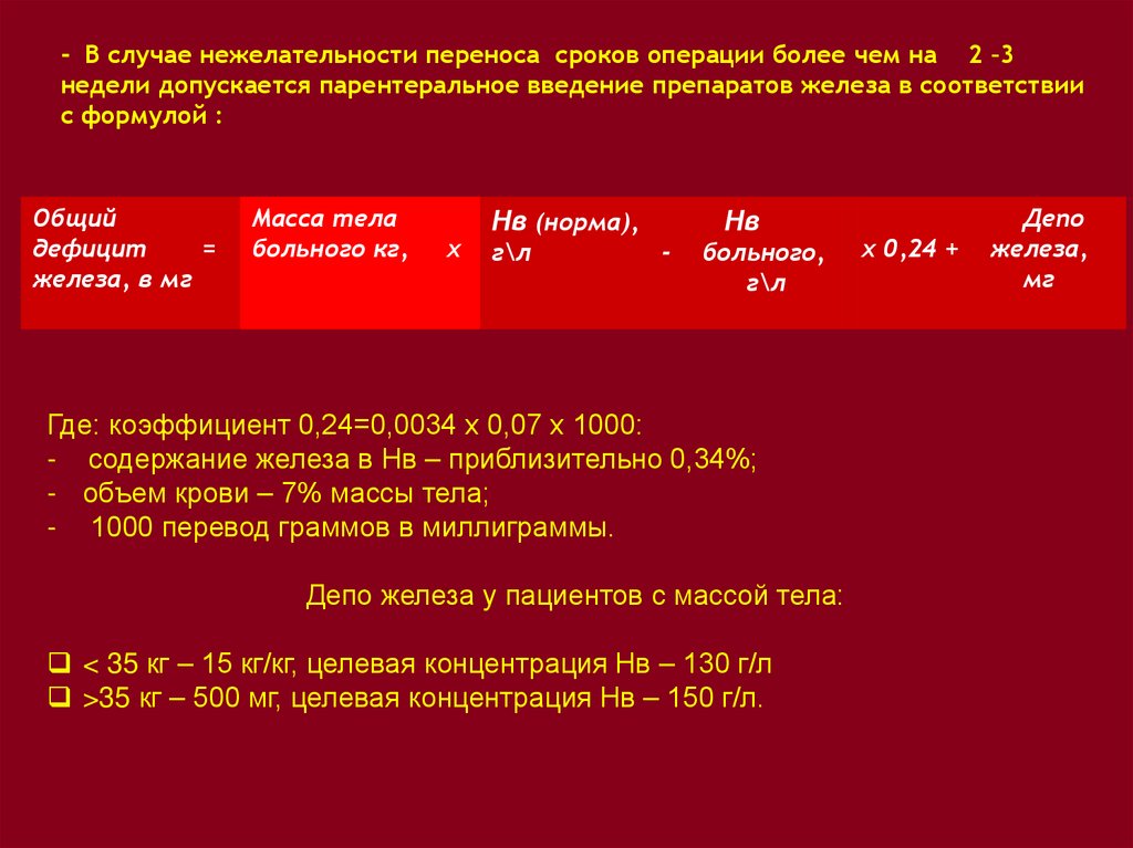 - В случае нежелательности переноса сроков операции более чем на 2 –3 недели допускается парентеральное введение препаратов