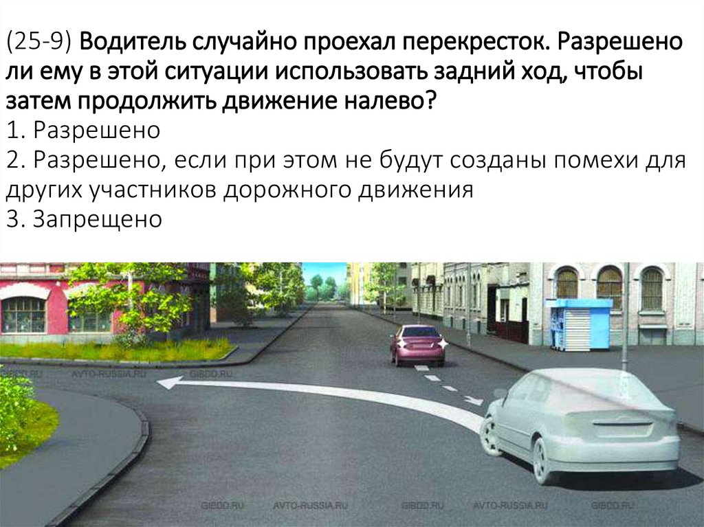 (25-9) Водитель случайно проехал перекресток. Разрешено ли ему в этой ситуации использовать задний ход, чтобы затем продолжить