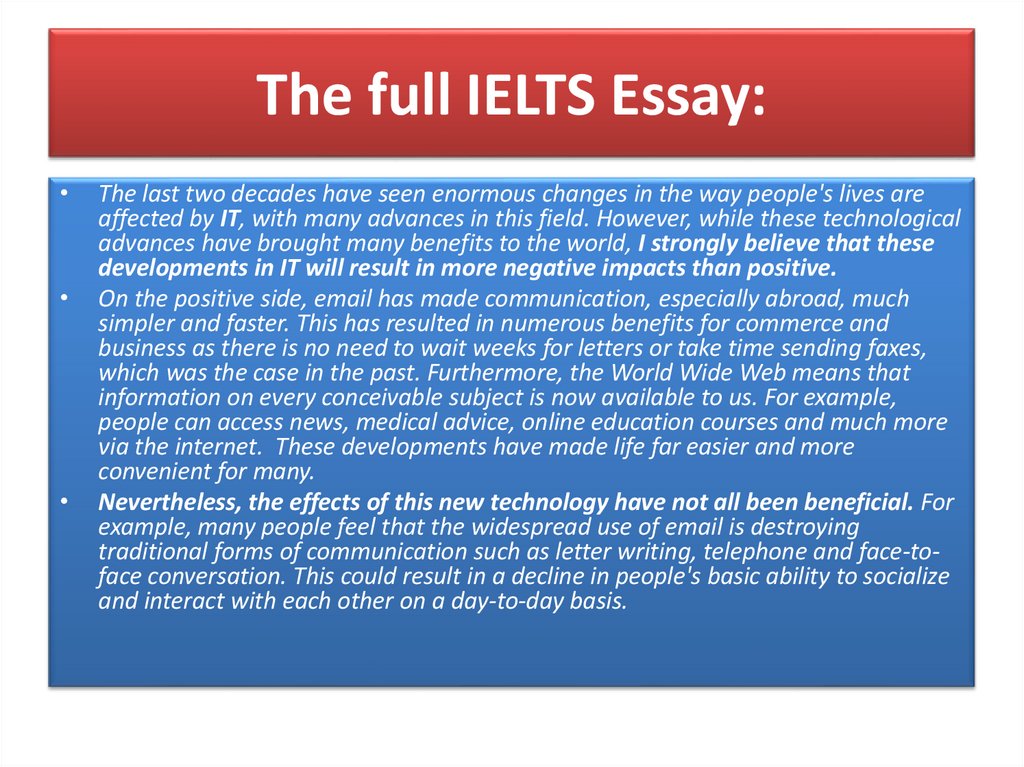 The full IELTS Essay: