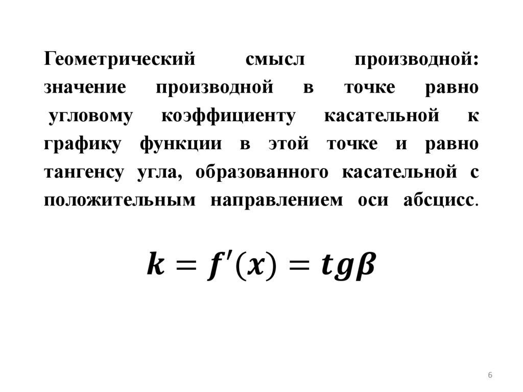 Геометрический смысл производной: значение производной в точке равно угловому коэффициенту касательной к графику функции в этой
