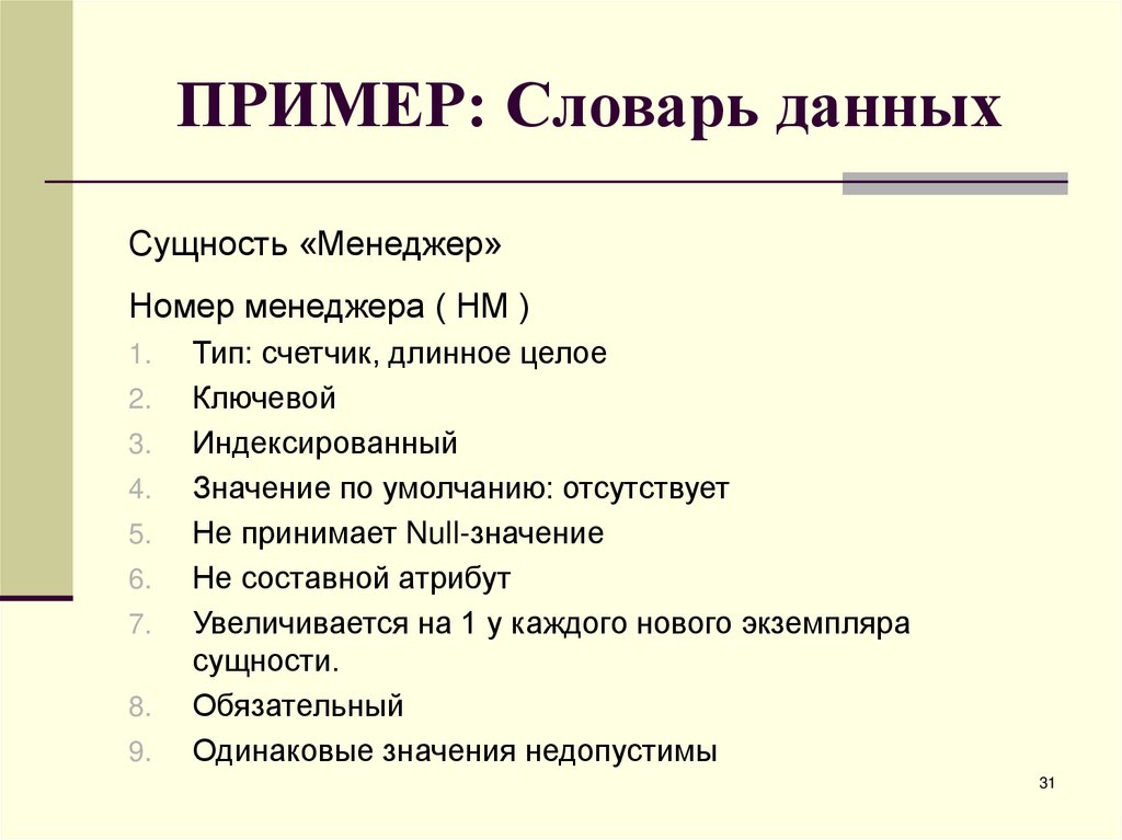 ПРИМЕР: Словарь данных