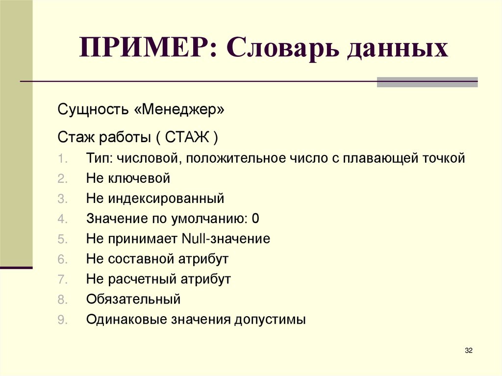 ПРИМЕР: Словарь данных