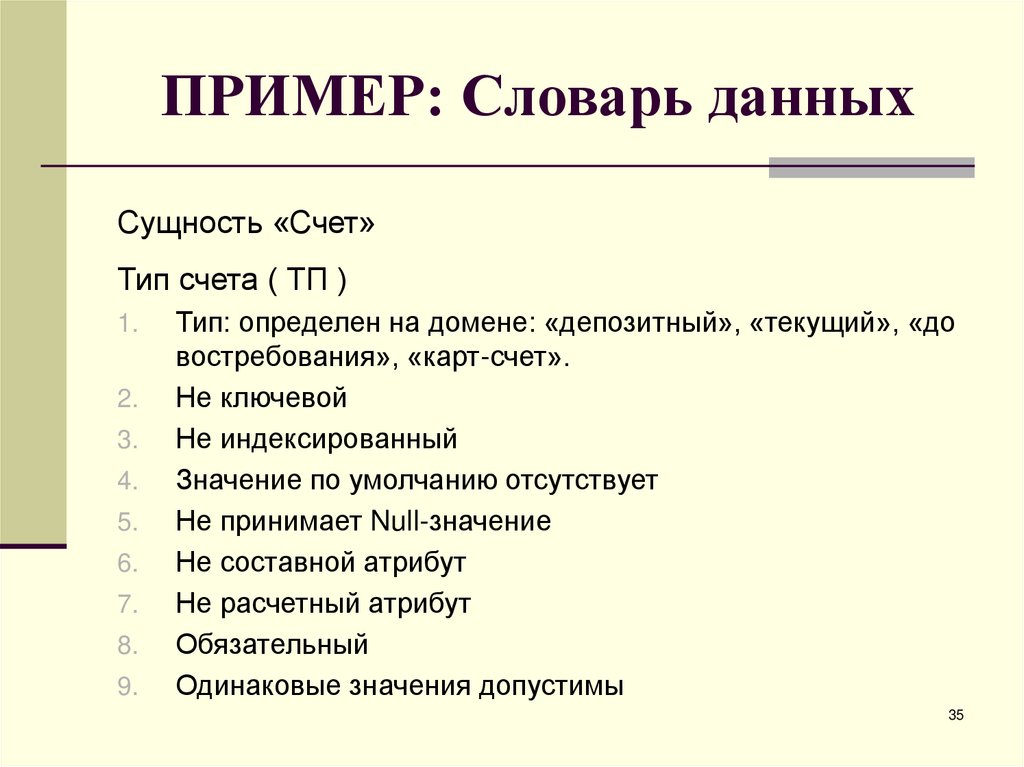 ПРИМЕР: Словарь данных