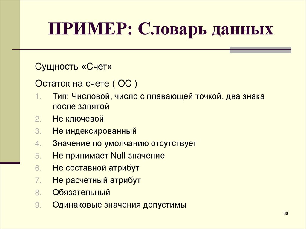 ПРИМЕР: Словарь данных