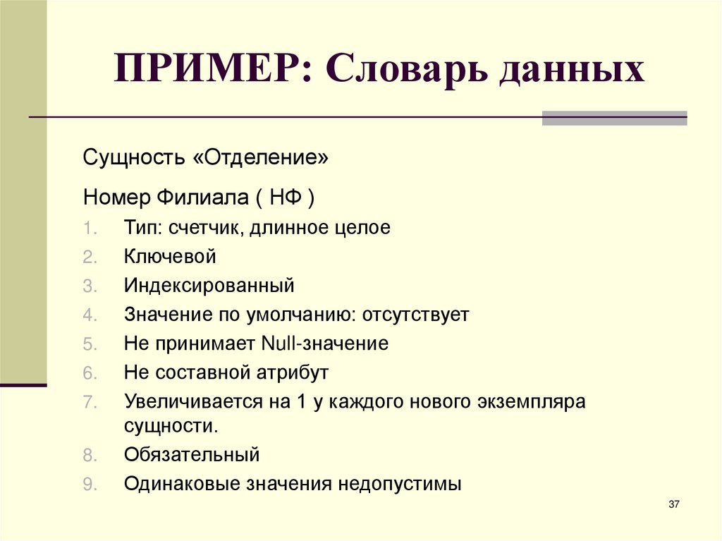 ПРИМЕР: Словарь данных