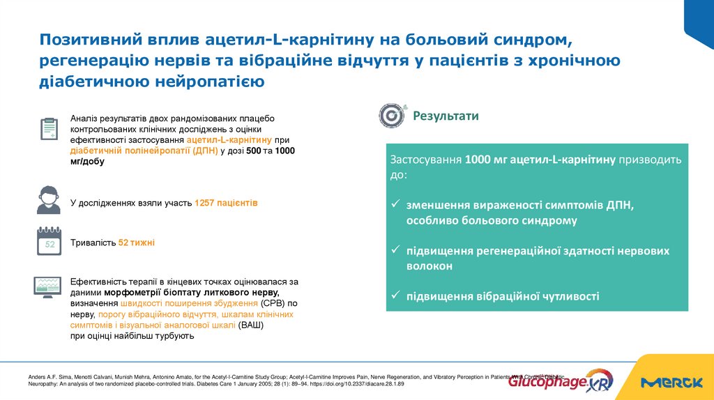 Позитивний вплив ацетил-L-карнітину на больовий синдром, регенерацію нервів та вібраційне відчуття у пацієнтів з хронічною