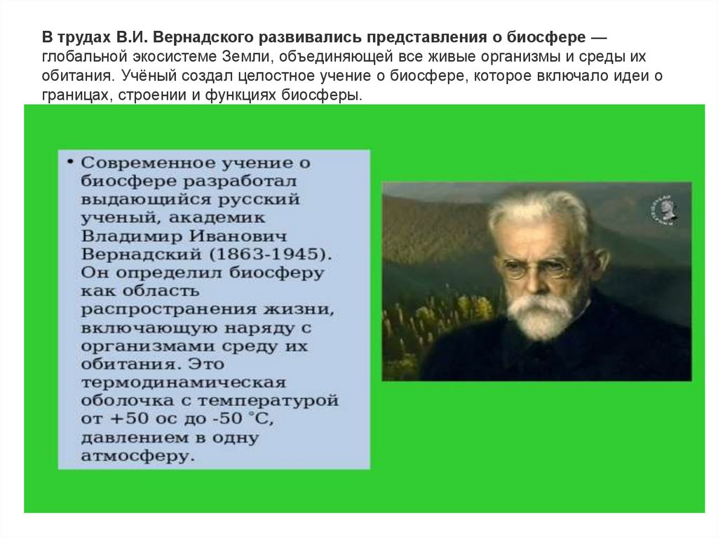 В трудах В.И. Вернадского развивались представления о биосфере — глобальной экосистеме Земли, объединяющей все живые организмы