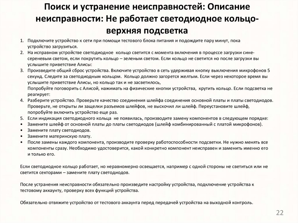 Поиск и устранение неисправностей: Описание неисправности: Не работает светодиодное кольцо-верхняя подсветка