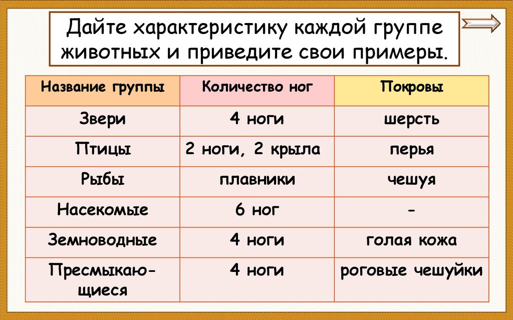Дайте характеристику каждой группе животных и приведите свои примеры.