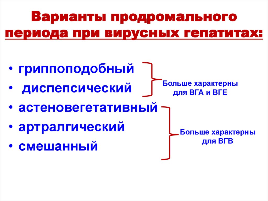 Варианты продромального периода при вирусных гепатитах: