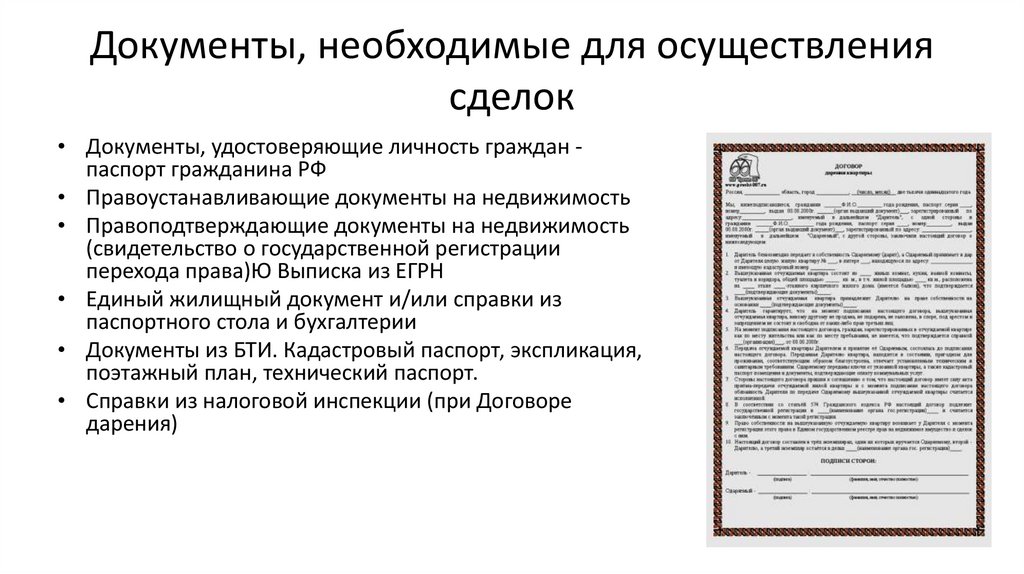 Документы, необходимые для осуществления сделок
