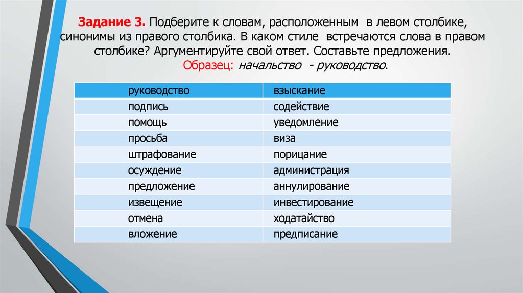 Задание 3. Подберите к словам, расположенным в левом столбике, синонимы из правого столбика. В каком стиле встречаются слова в