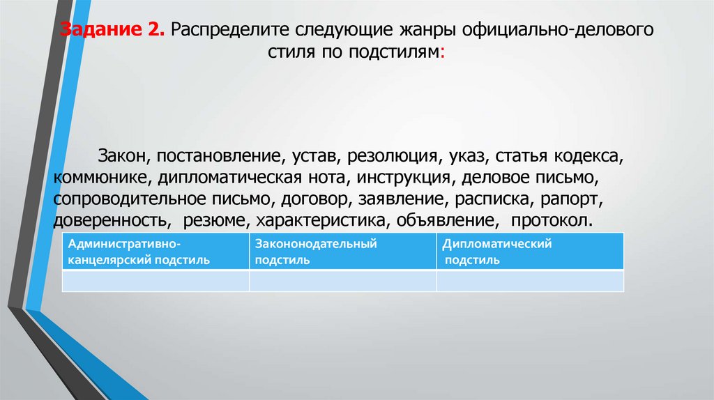 Задание 2. Распределите следующие жанры официально-делового стиля по подстилям: