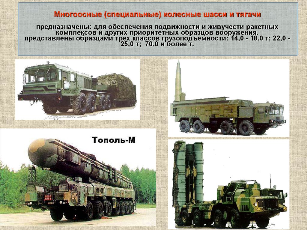 Многоосные (специальные) колесные шасси и тягачи предназначены: для обеспечения подвижности и живучести ракетных комплексов и
