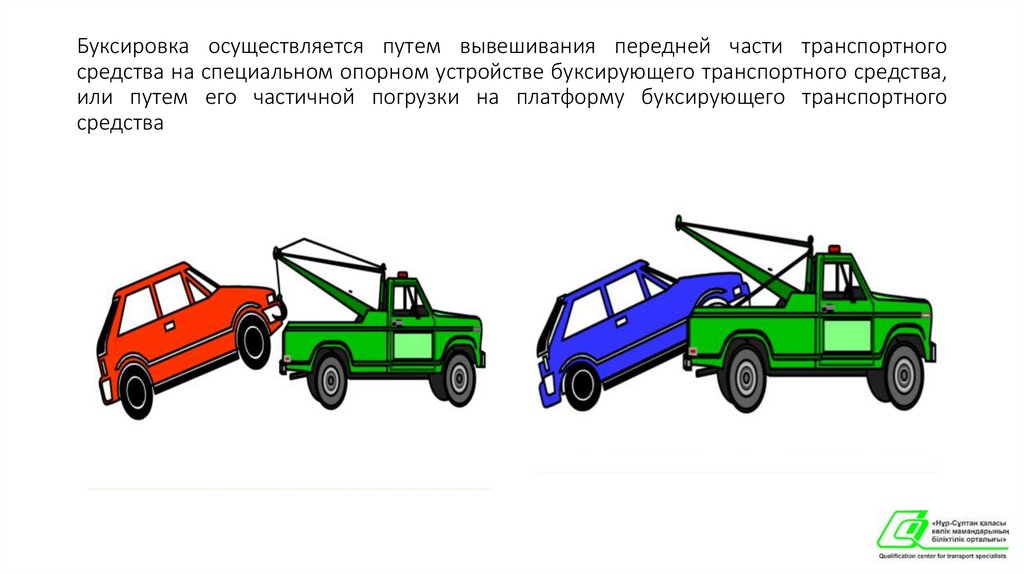 Буксировка осуществляется путем вывешивания передней части транспортного средства на специальном опорном устройстве