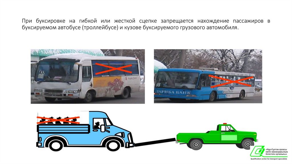 При буксировке на гибкой или жесткой сцепке запрещается нахождение пассажиров в буксируемом автобусе (троллейбусе) и кузове