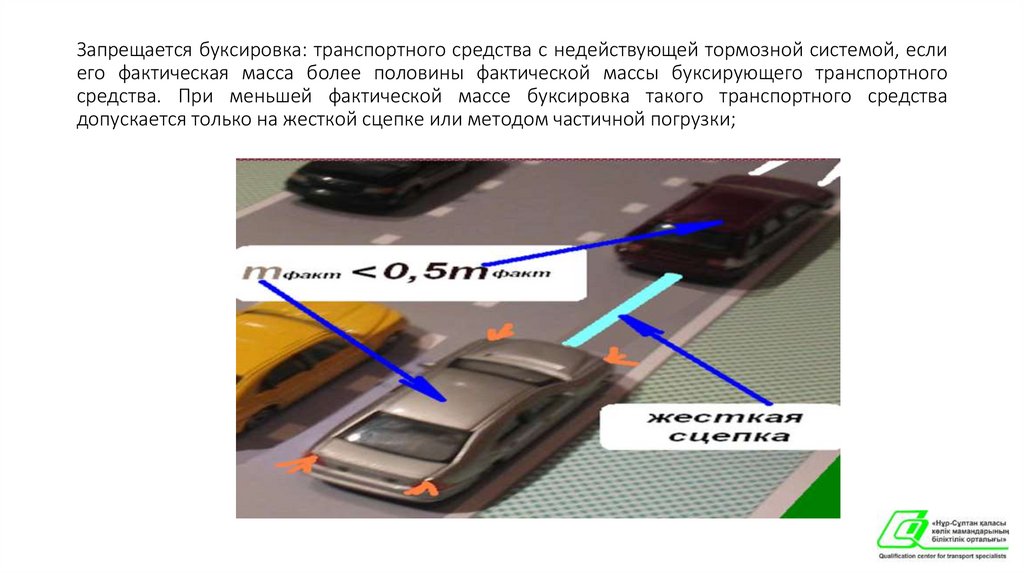 Запрещается буксировка: транспортного средства с недействующей тормозной системой, если его фактическая масса более половины