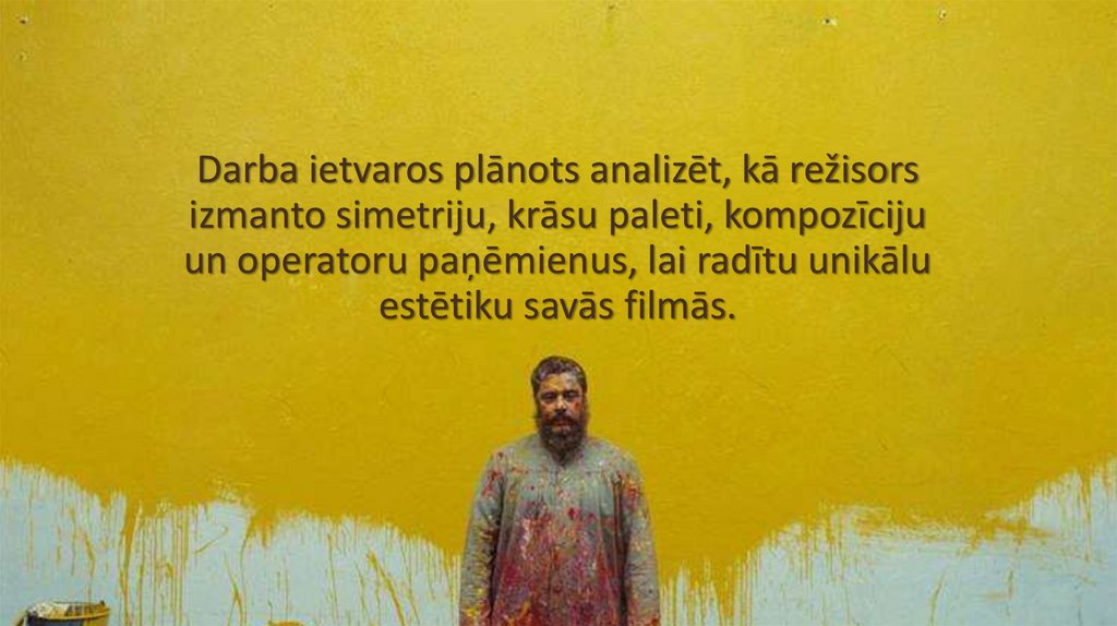 Darba ietvaros plānots analizēt, kā režisors izmanto simetriju, krāsu paleti, kompozīciju un operatoru paņēmienus, lai radītu