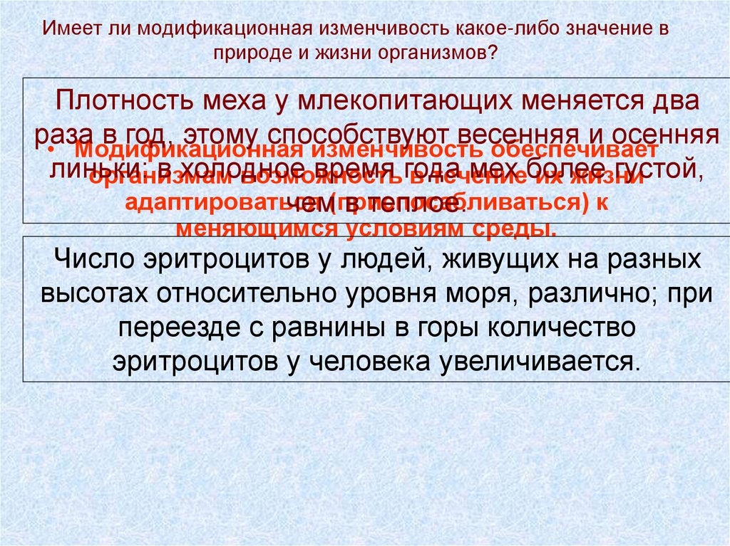 Имеет ли модификационная изменчивость какое-либо значение в природе и жизни организмов?