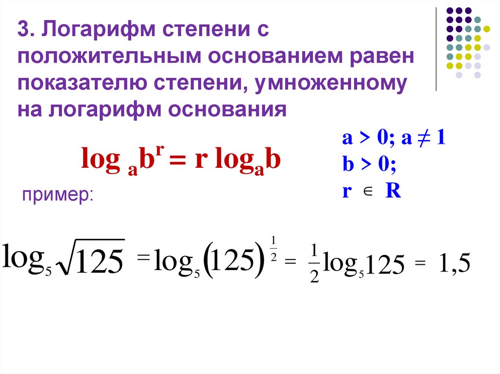 3. Логарифм степени с положительным основанием равен показателю степени, умноженному на логарифм основания