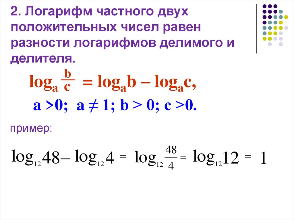 2. Логарифм частного двух положительных чисел равен разности логарифмов делимого и делителя.