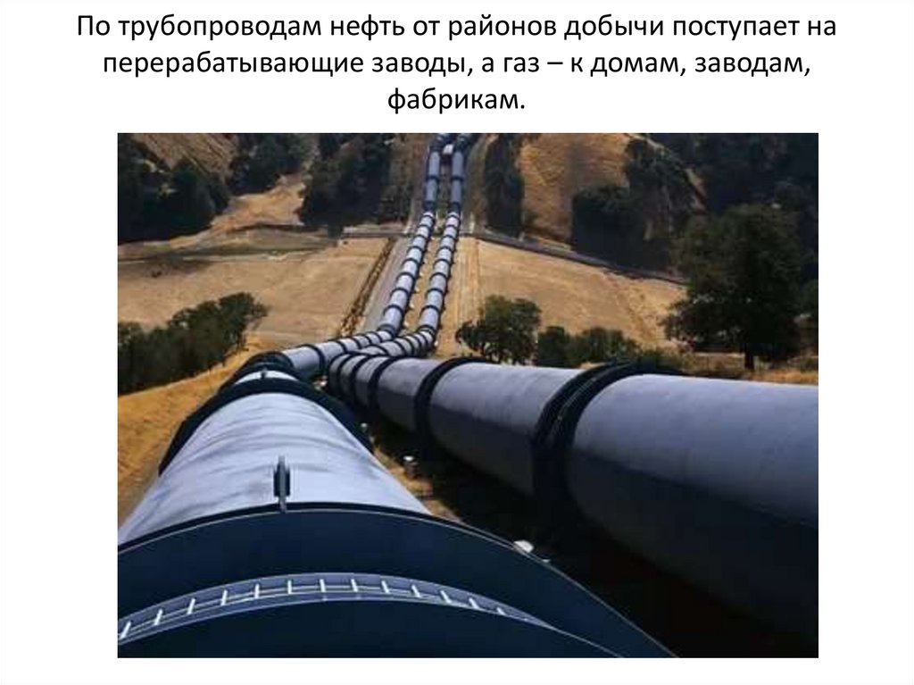 По трубопроводам нефть от районов добычи поступает на перерабатывающие заводы, а газ – к домам, заводам, фабрикам.