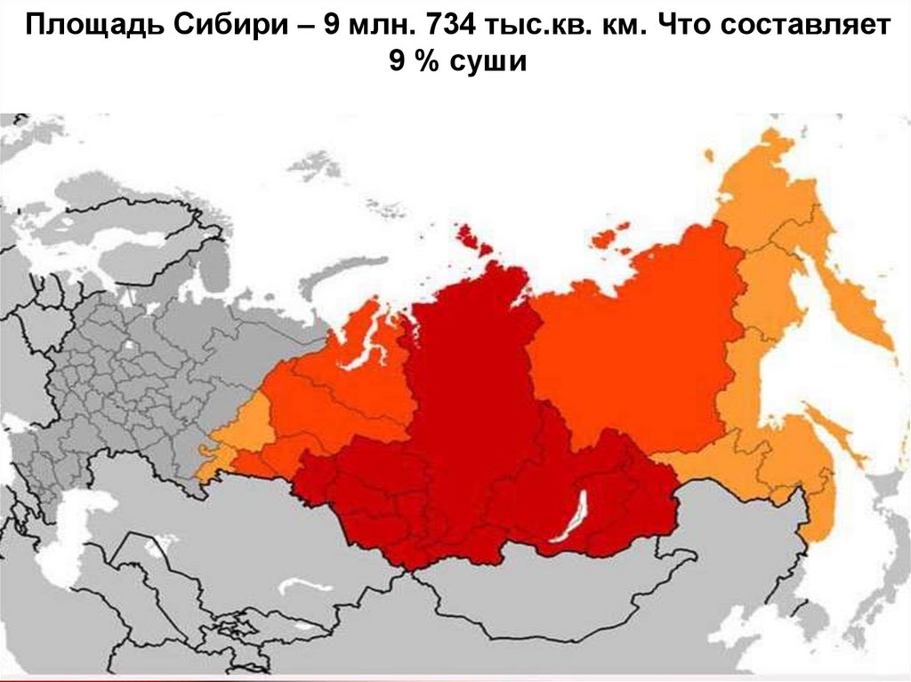 Площадь Сибири – 9 млн. 734 тыс.кв. км. Что составляет 9 % суши
